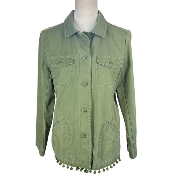 Talbots Jackets & Blazers - Talbots Pom Pom Twill Jacket Women Size M Olive Green Utility Pockets Button Up